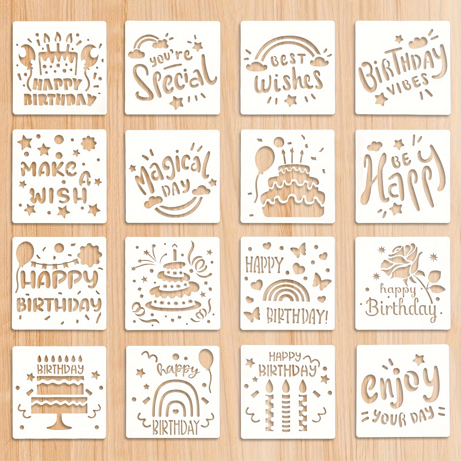 

16-piece Birthday Celebration Stencil Set, 5.9" Reusable Plastic Cake Decoration And Crafting Stencils, Diy Birthday Painting Templates For Various Surfaces