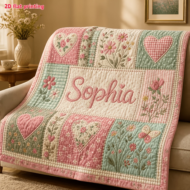 TEMU 1pc Personalized Name Vintage Floral Heart Throw Blanket, Pink Rose Quilted Print Blanket, Soft Cozy All Season Nap Blanket, Gift For Sister,