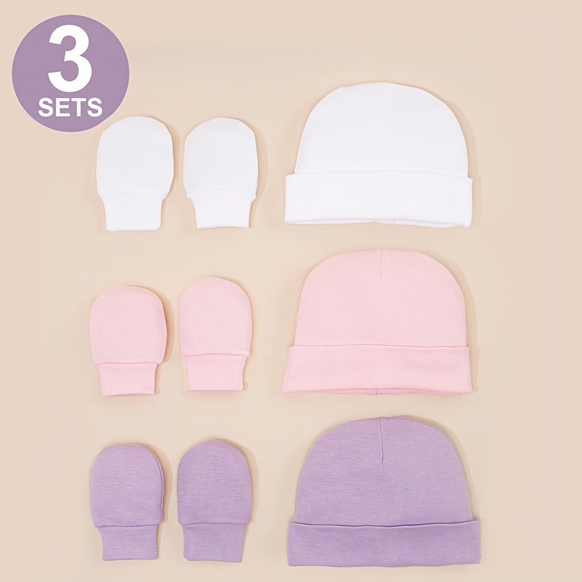 

Soft & Cozy 3pcs Hat And Gloves Set - Stretchy, Machine Washable For 0-3 Months - Spring/fall, , Skin-friendly