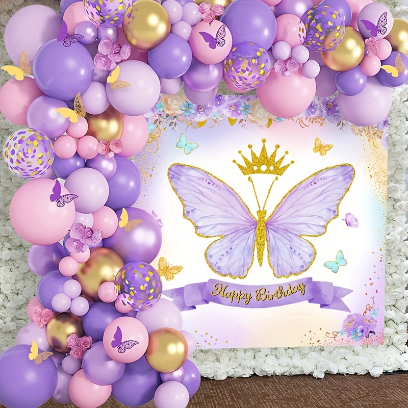 

Purple Butterfly Balloon Background Cloth, 89pcs, Butterfly 1st Birthday Party Supplies, Happy Birthday Party Decor Backdrop Balloon Chain Set