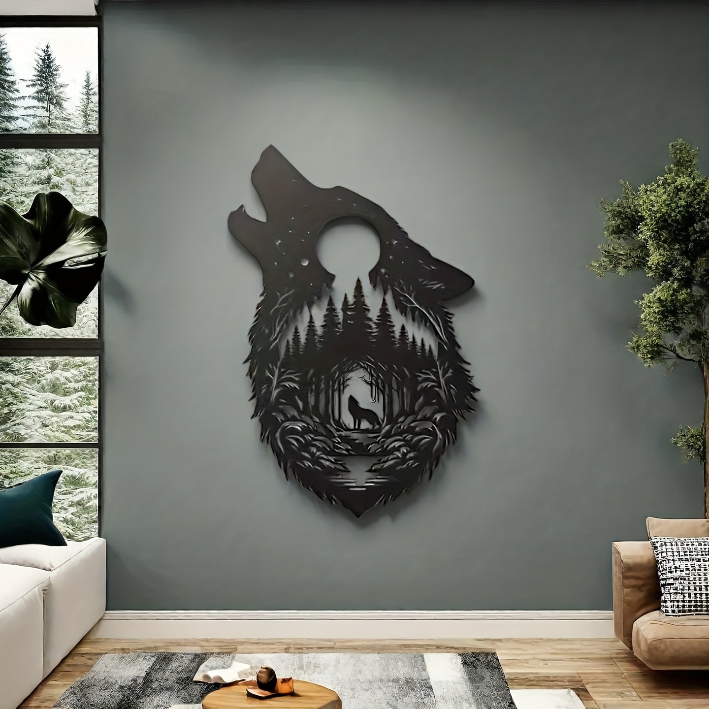 TEMU 1pc Décoration Murale Métallique Loup Hurlant à - de en Fer avec Arbres de Pin et Ciel Étoilé, Loup Rustique Mat pour Chambre, Cadeau de Noël ou
