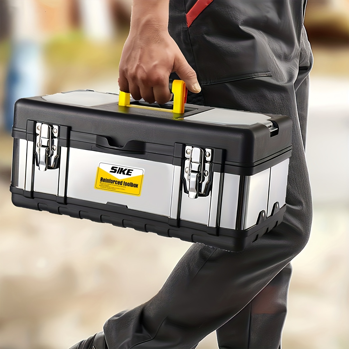 1pc Boîte à outils de qualité industrielle, Mallette de rangement portable  multifonctionnelle à double couche, Construction en métal et plastique,