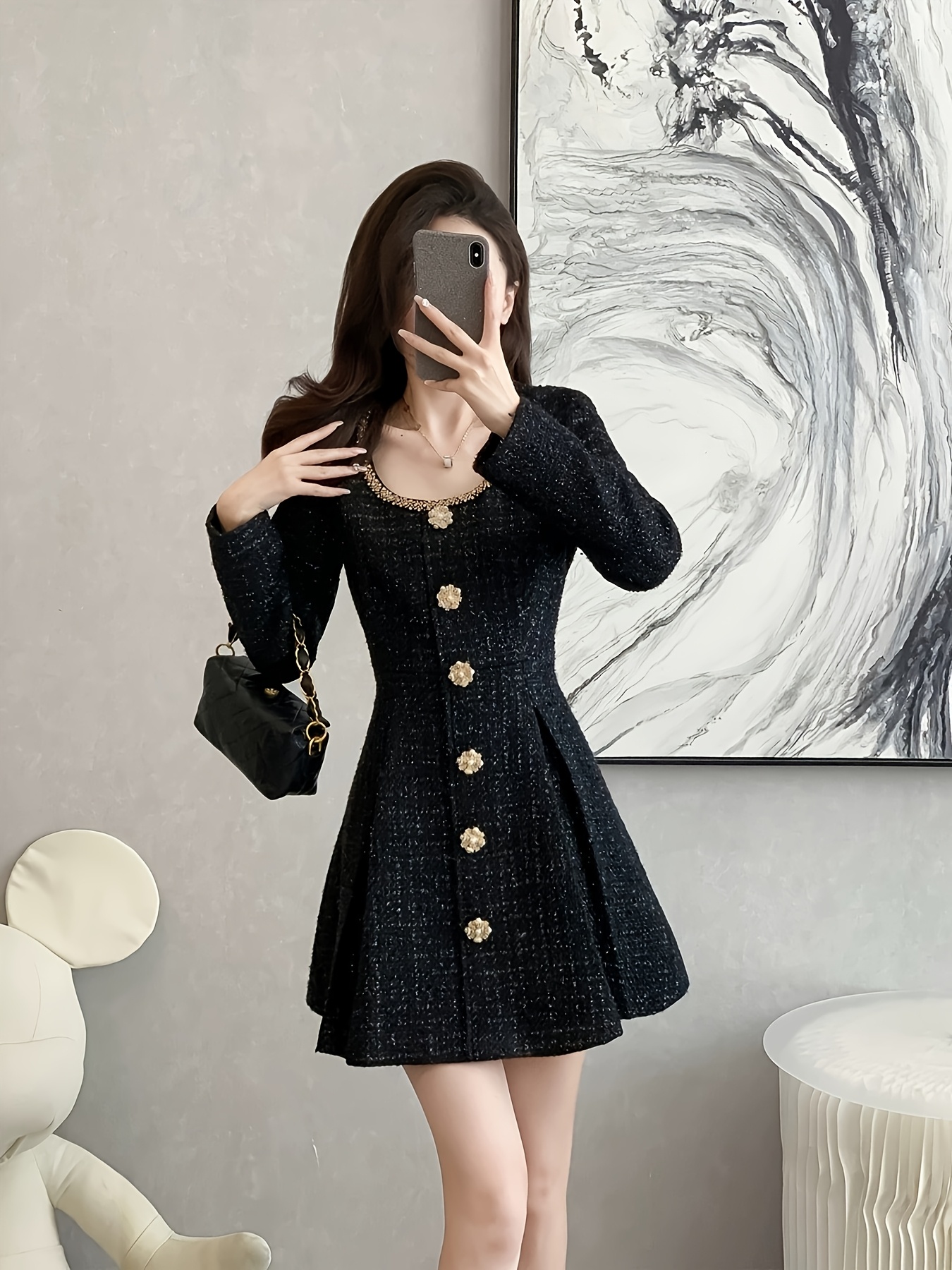 Women'S Elegant Black Formal & Everyday dress - Long Sleeve Knee-Length  party, Office, Wedding Attire - Non-See-Through Fabric - Fall/Winter  Clothing