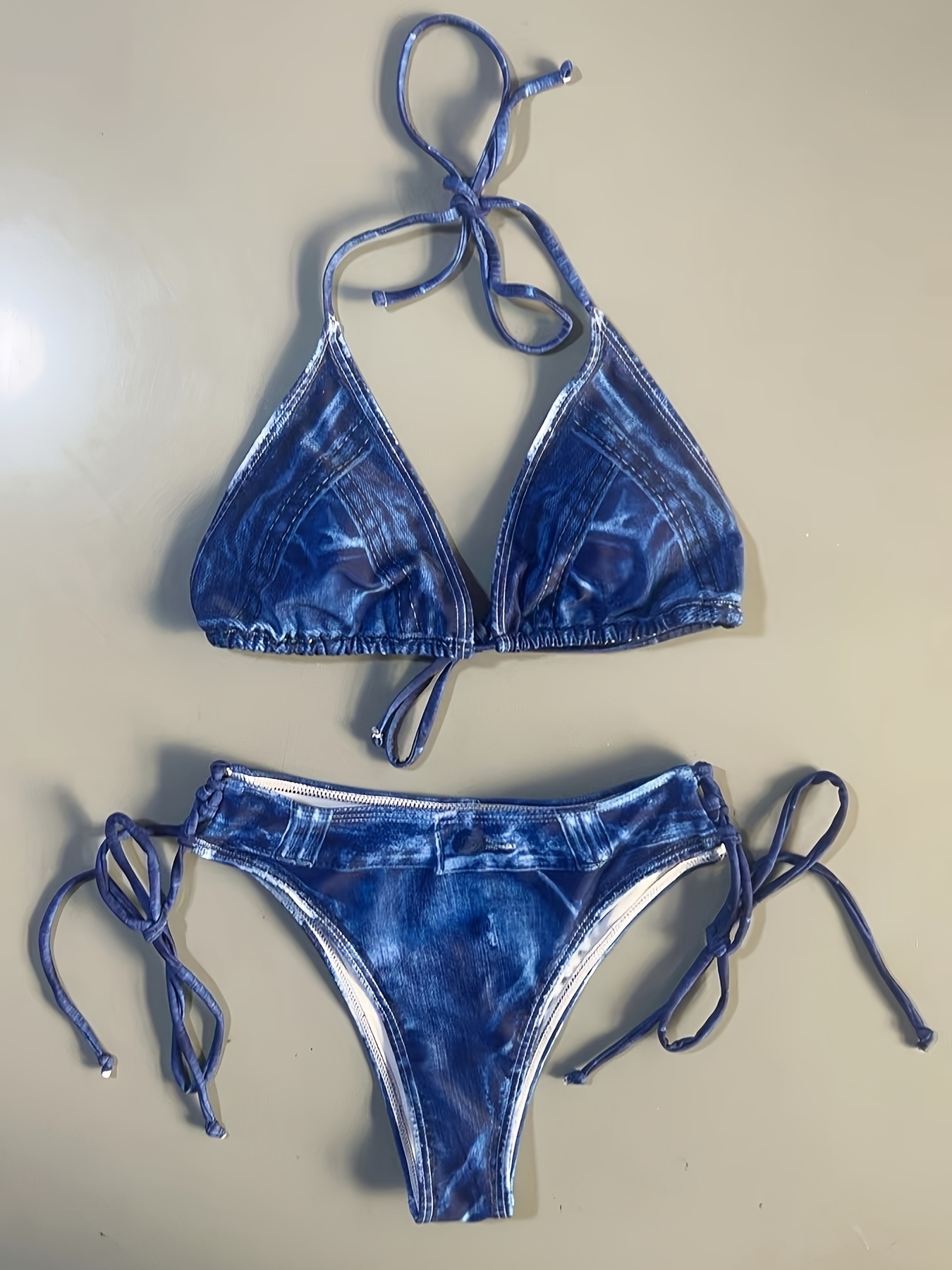 Faux Denim Print Triangle Bikini Tie Strap Halter Backless Temu