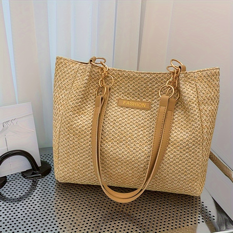 

Fashion Woven Single Shoulder Tote Bag, Large Capacity Commuter Satchel, Casual Beach Handbag