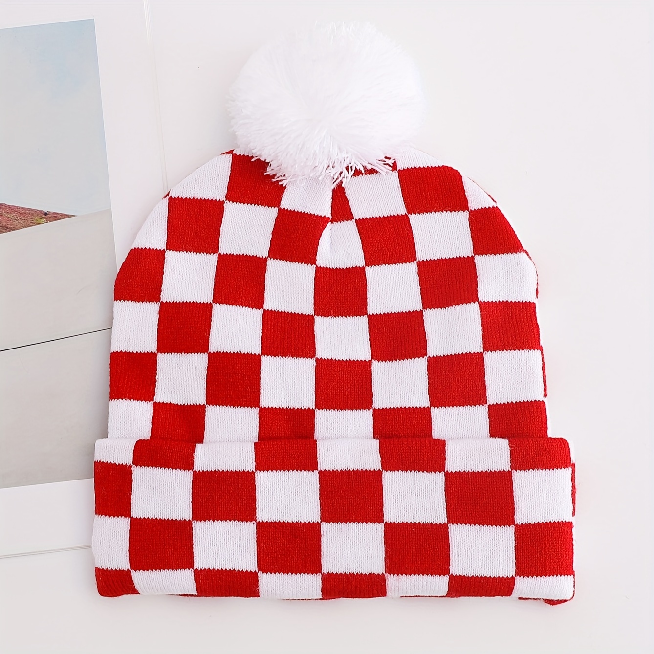 TEMU Checkered Knit Beanie With Pom Pom - Women' Accessory - Lightweight, , And Hand Washable - The Holidays