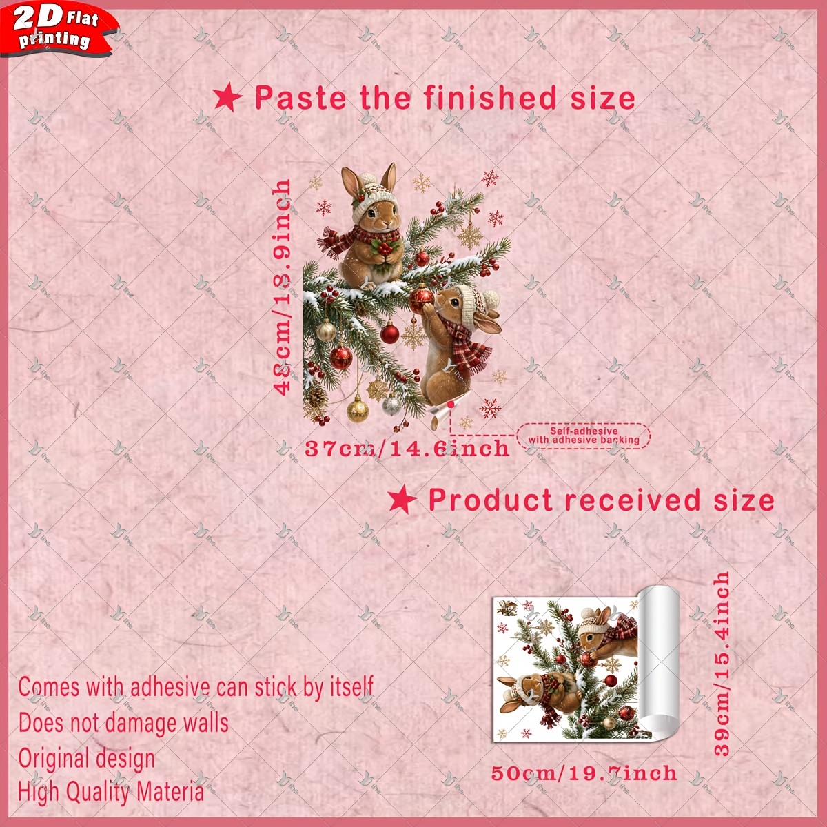 TEMU 2d Flat - 2d Flat - 1pc 2d Flat Printed Christmas Bunnies Pine Branch Bauble Snowflake 40*50cm Window Sticker, Creative Self-adhesive Removable