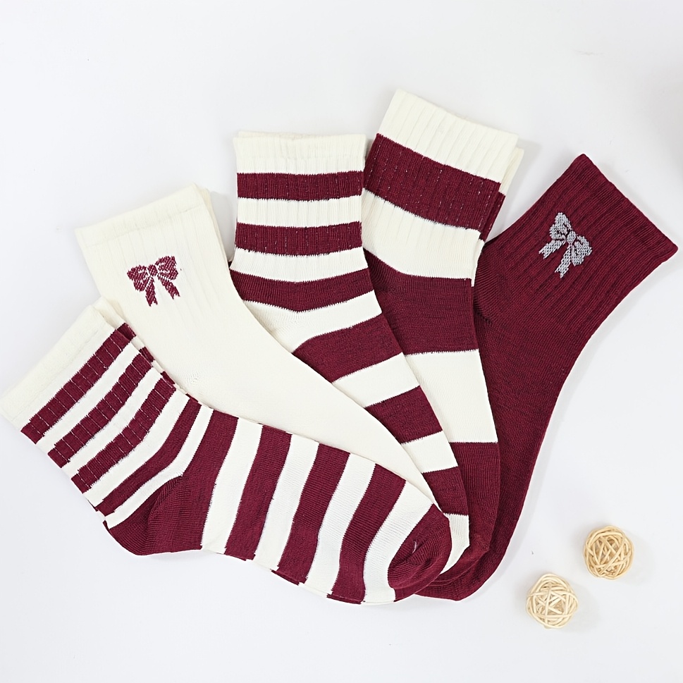 E-shop 5 Paar Damen Bequeme Mode Rottöne Gestreifte Schleife Weiße Kurze Socken Mid-Calf Socken