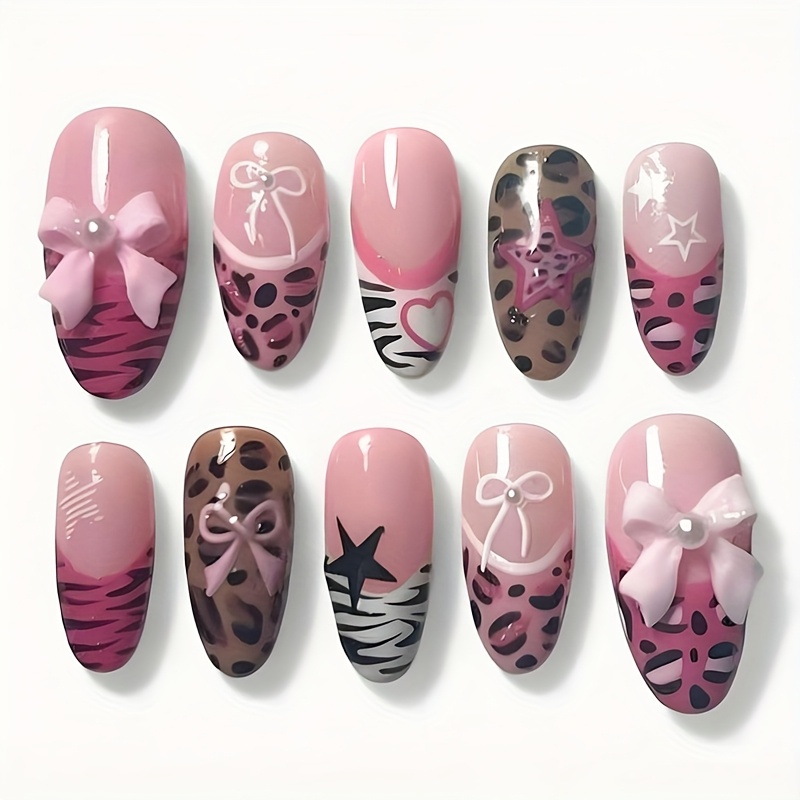 E-shop 24 Stück Mittelgroße Mandelförmige Press-On-Nägel Y2k Leopard Nagelspitzen Kunstnägel mit Stern & Rosa Schleifen Dekor Süßer Stil Vollabdeckung