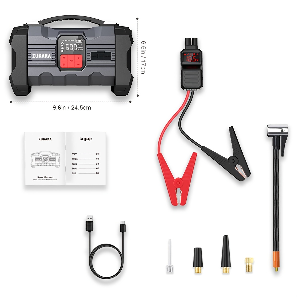 TEMU 10-in-1 Jump Starter With Air Compressor, 9000a Car Battery Starter For All Gasoline & 8l Engines, 12v Portable Power Bank With Usb & Type-c Ports, Jump Box With Led Light