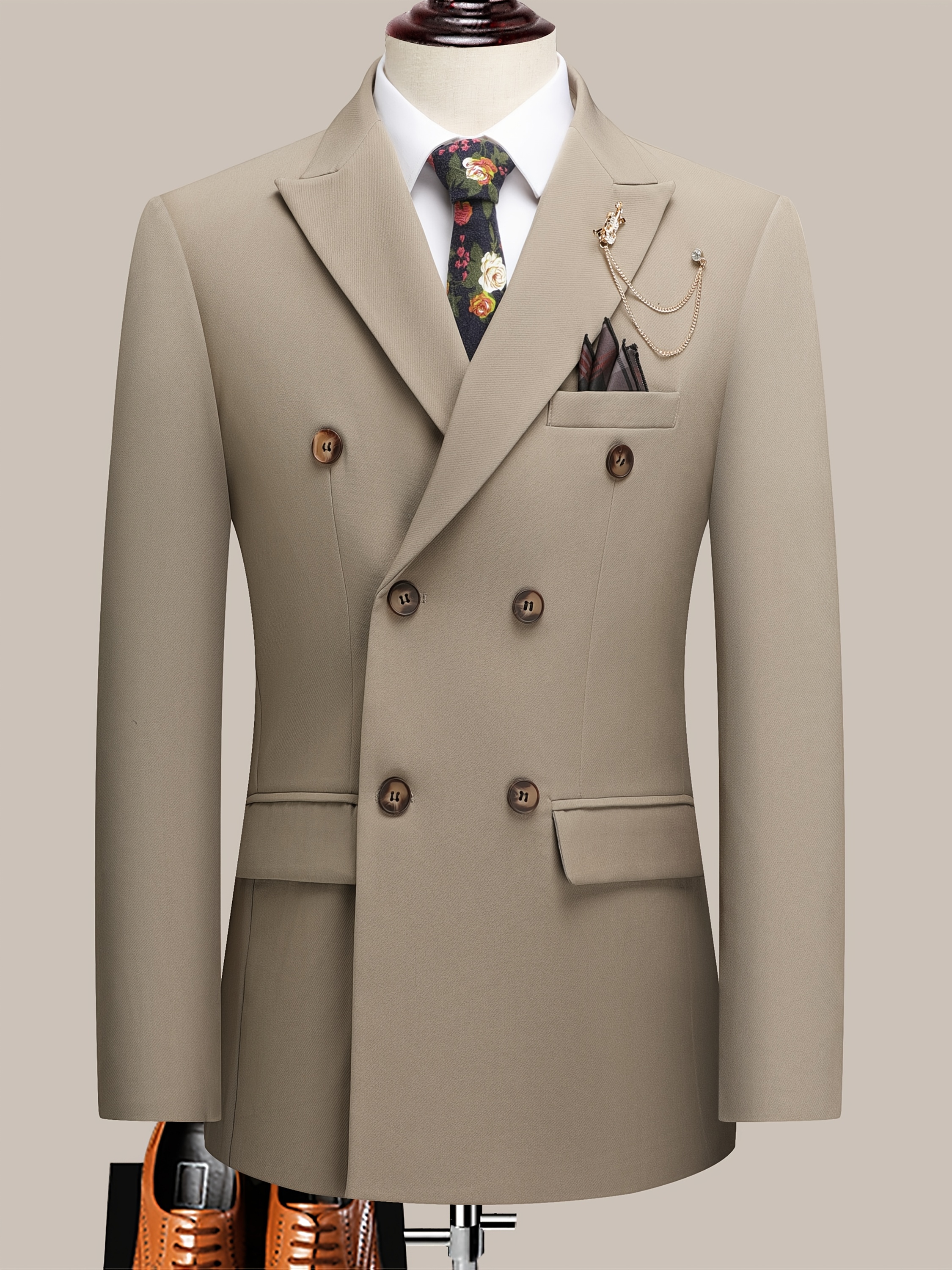 Men'S Beige Double-Breasted Suit with Peaked Lapels - Formal Business & Wedding Attire, Non-Stretch Polyester Blend, Double-Breasted Jacket with Four Buttons, Matching Pants, Wedding Attire|Classic Fit|Polyester Blend