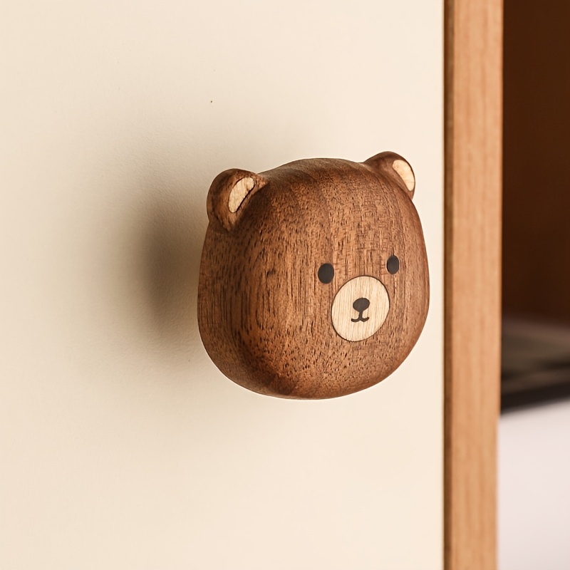 TEMU Maniglie per Cassetti in Legno Massello a Forma di Orso a Foro Singolo con Base in Ottone per Armadio, Cassettiera, Mobili