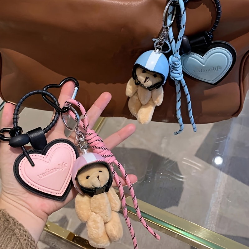 

Handmade Mini Bear Keychain, Fashionable Plastic Keyring With Leather Handbag Charm, Trendy Car Key Accessory