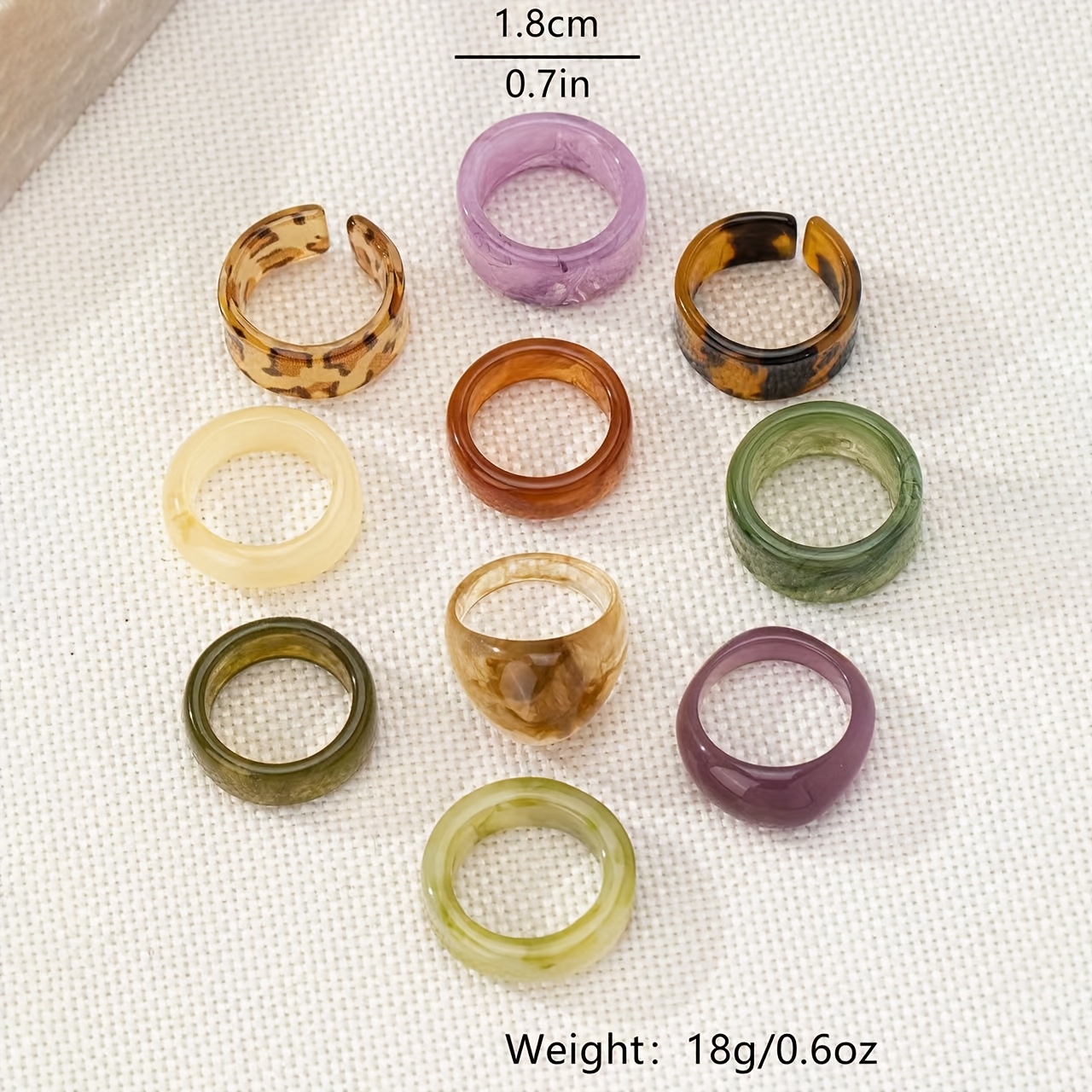 10pc Bohemian Style Fresh Pastel Resin Ring Set