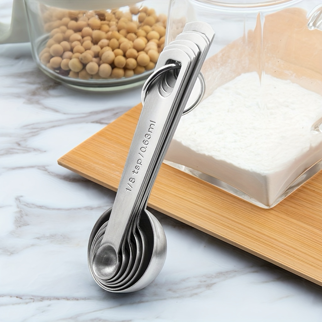 E-shop 6-teiliges Edelstahl-Messlöffel-Set, Hochwertige und Langlebige Stapelbare Küchenutensilien für Flüssigkeiten, Feststoffe und Pulver mit
