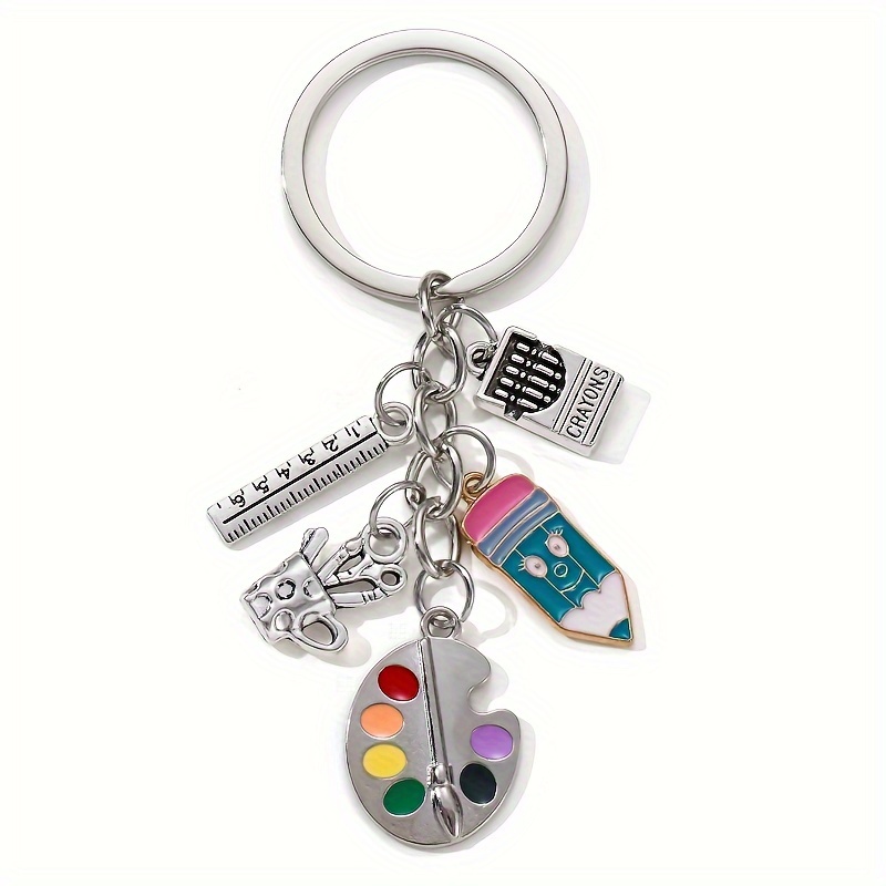 Image of Teacher Appreciation Keychain, Nxqxn Alloy Metal Art Palette, Pencil, , Ruler, & Crayon Charms, Preppy Style Multicolor Stationery Keyring, Teacher's Day Gift, Non-braided
