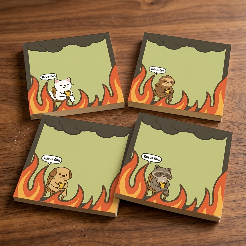 TEMU 4pcs Funny "this Is Fine" Sticky Notes, 3x3 Inch, 50 Sheets - Adhesive Note Pads For School, Office & Home Supplies, Perfect Gift For Students