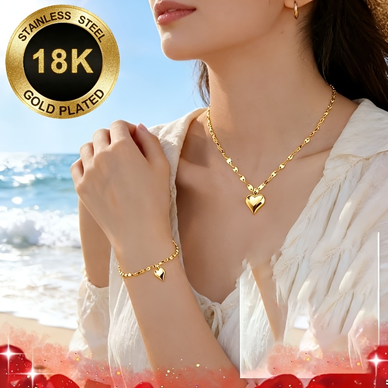 [2pcs Set - 18k Golden Plated - Elegant Pointed Lip Pendant Necklace, Bracelet, And Set] Versatile Jewelry, Versatile High-end Additions, Suitable For Daily Parties, Gatherings, Banquets, Dates, , And