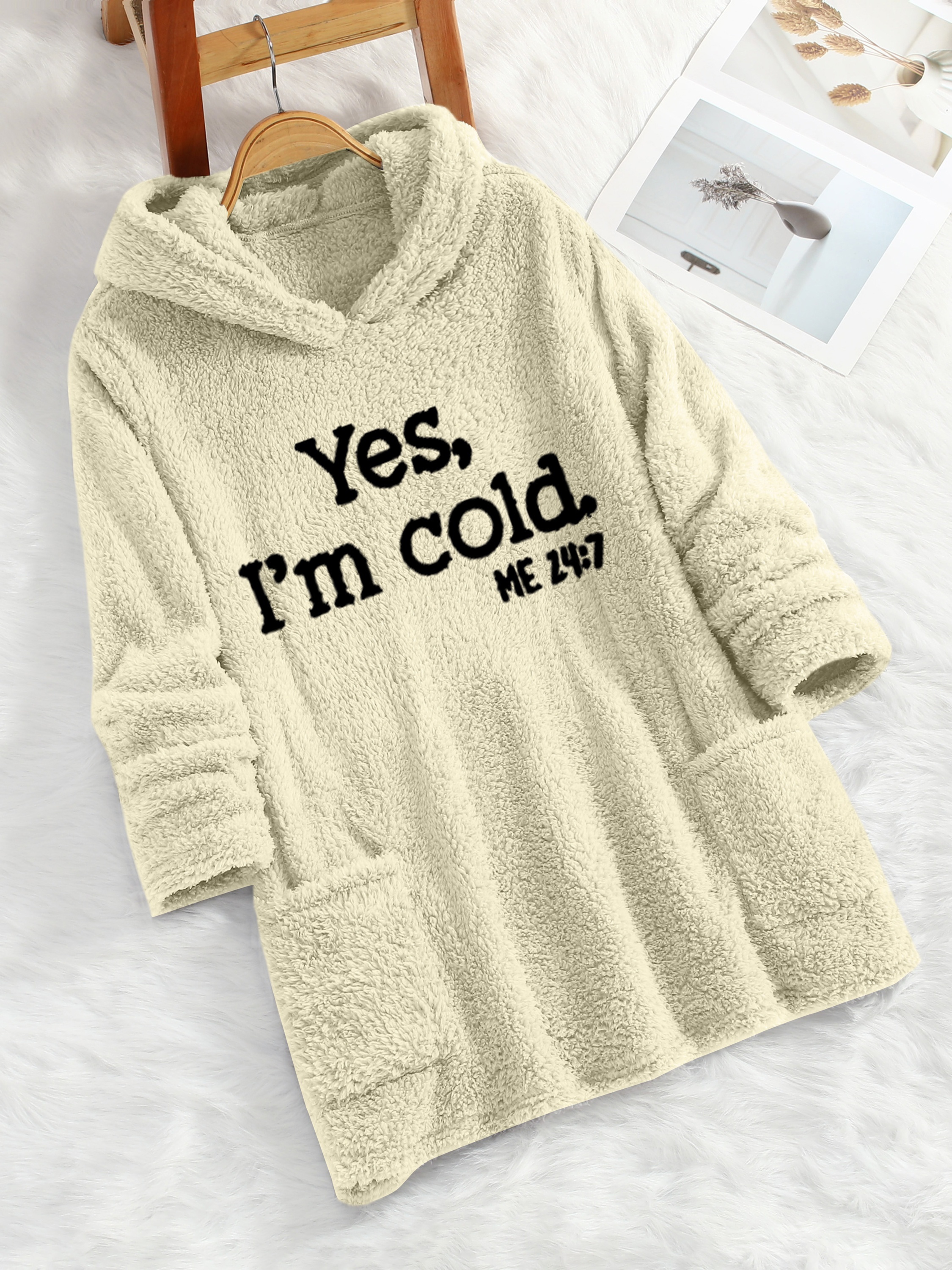 womens yes im cold printed teddy bear hooded sweatshirt 100 polyester relaxed fit long sleeve pullover with double pockets cozy fleece lined casual winter top for fall winter apricot 1