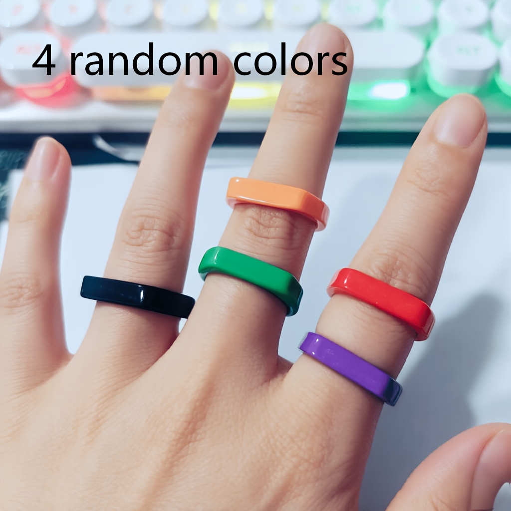 TEMU 4 Random Colors - Elegant Glossy Resin Solid Women's Rings | Ideal For Solo Wear And Stacking, Lightweight, Durable, Hypoallergenic, And