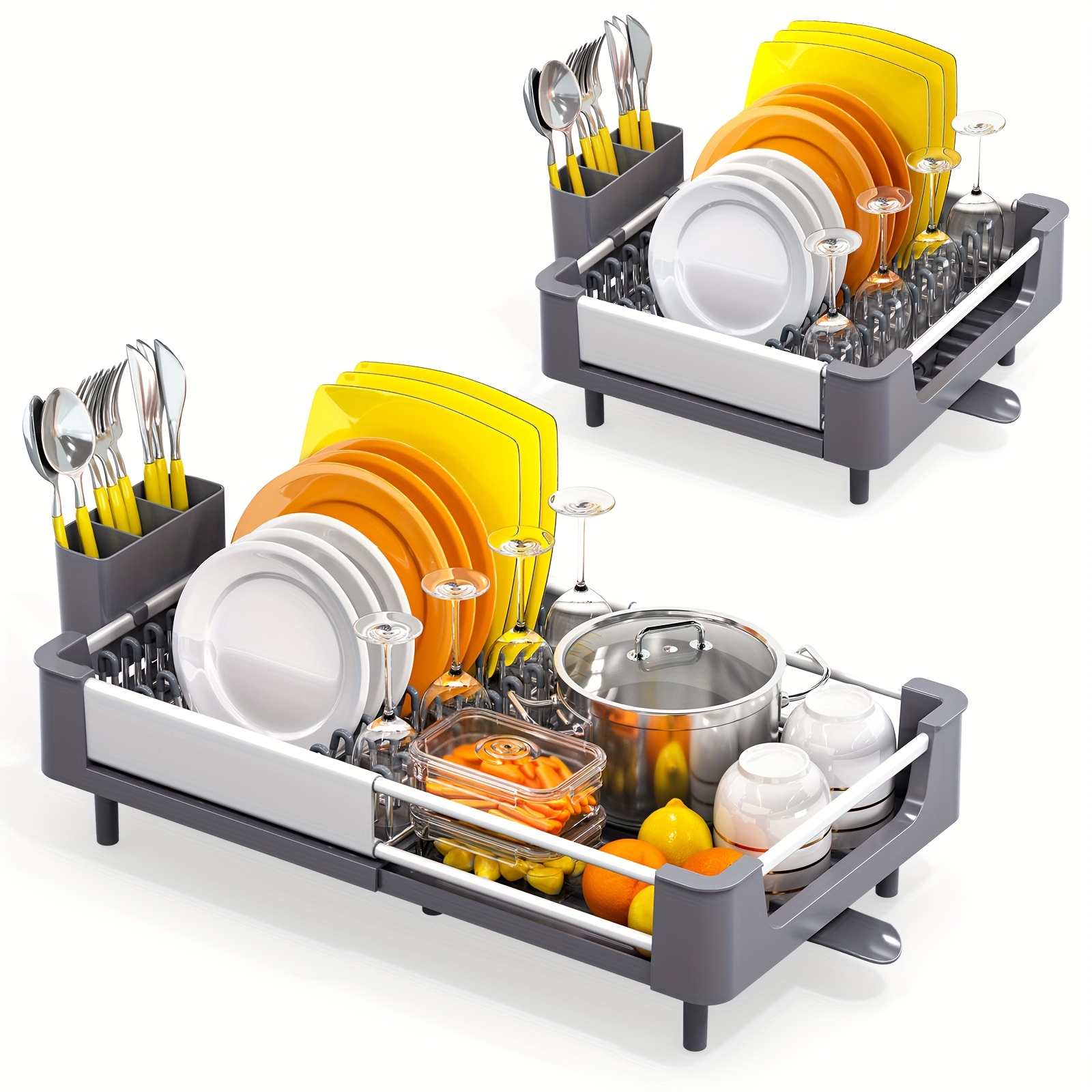 TEMU Kingrack Expandable Foldable Dish Drying Rack With Cutlery Holder, Adjustable Kitchen Dish Rack With Swivel Drain Spout, Grey, Dish Drying Rack