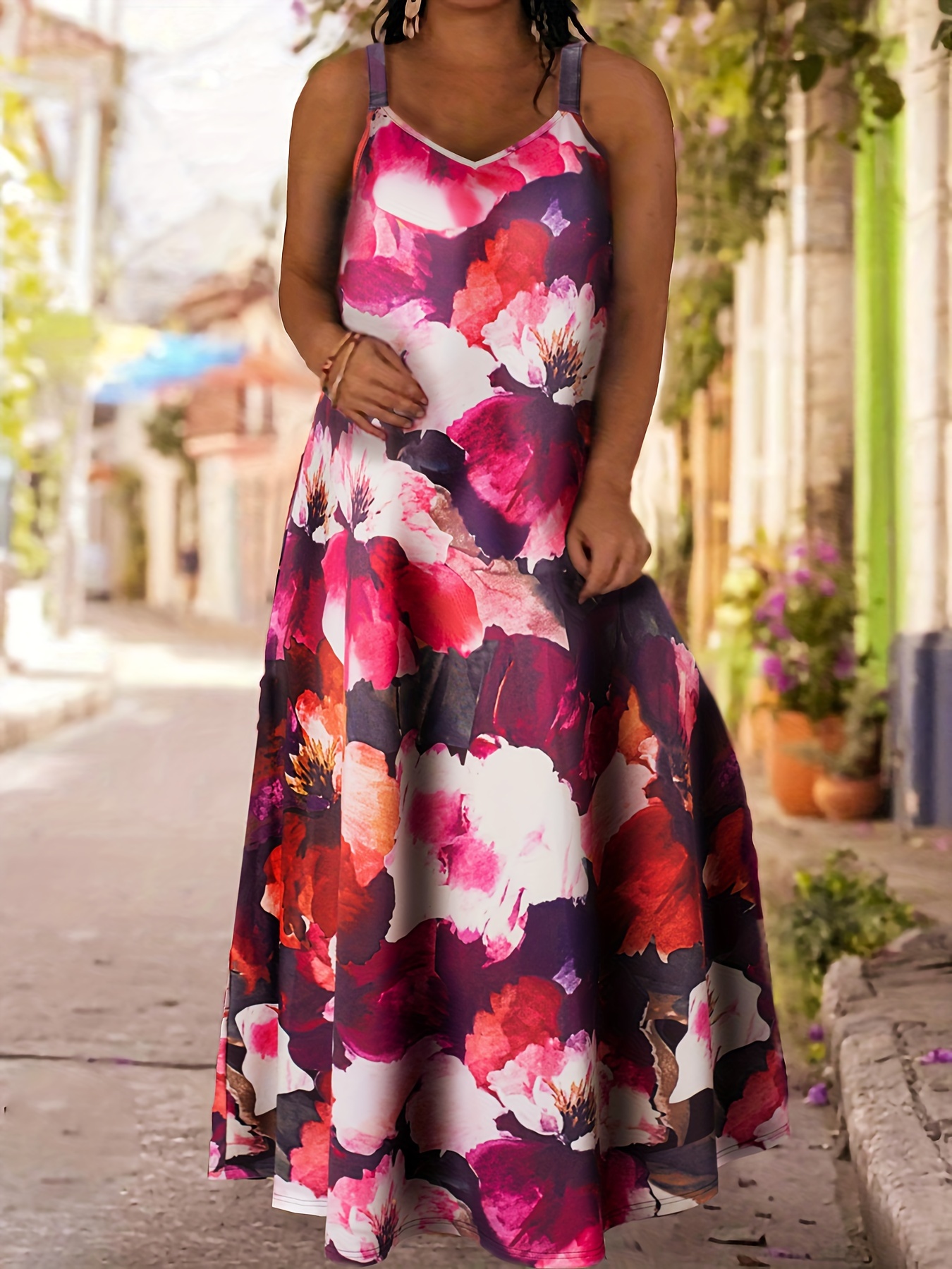Plus Size Floral Print Dress Casual V ...