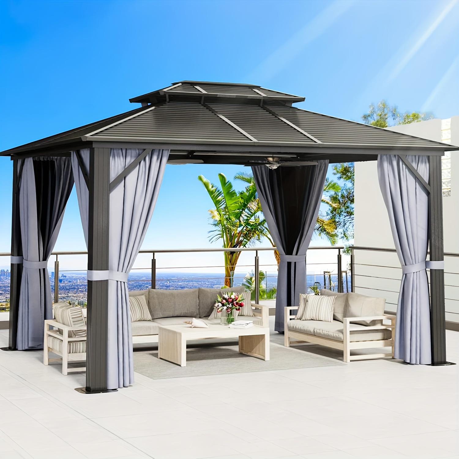 

10'x 12' Gazebo, Outdoor Dual-layer Galvanized Steel Double Roof, Aluminum Furniture Gazebo , Netting And Curtains For Deck Backyard Wedding Garden