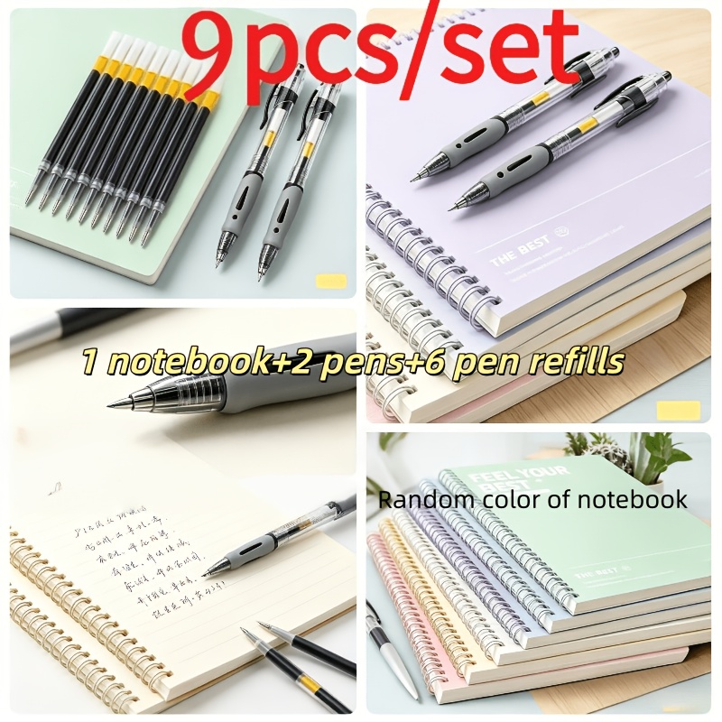 TEMU 9pcs Set, Including 1 A5 Spiral-bound Hardcover Notebook (color Random), 2 0.5mm Black Ballpoint Pens, And 6 Refills. Features Smooth-writing
