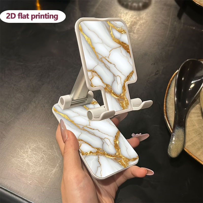 TEMU Support Téléphone Pliable 2D Motif Marbre Veines Dorées, Portable, Réglable, Extensible, Multi-Fonction, Télescopique, Adapté aux Téléphones