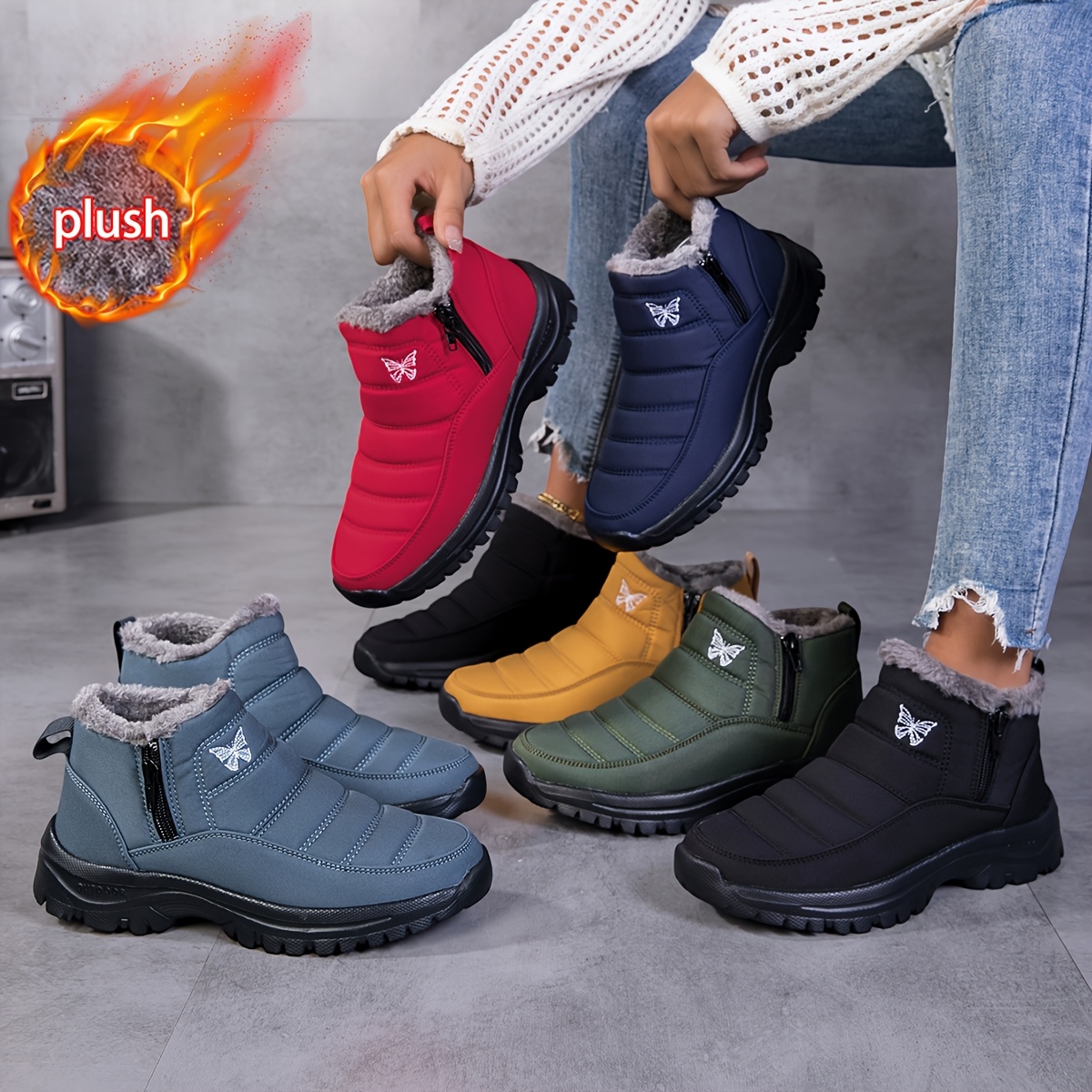 womens short zip up snow boots winter plush lined high top shoes with embroidery trendy and fashionable outdoor sports snow shoes daily casual walking shoes versatile hiking shoes anti slip and wear resistant couples style