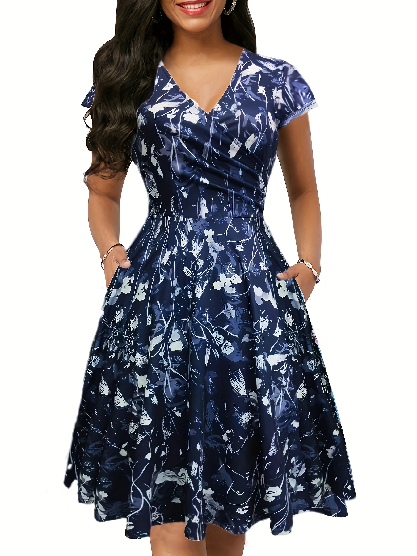 an elegant floral printed v neck length dress pockets - Temu Oman