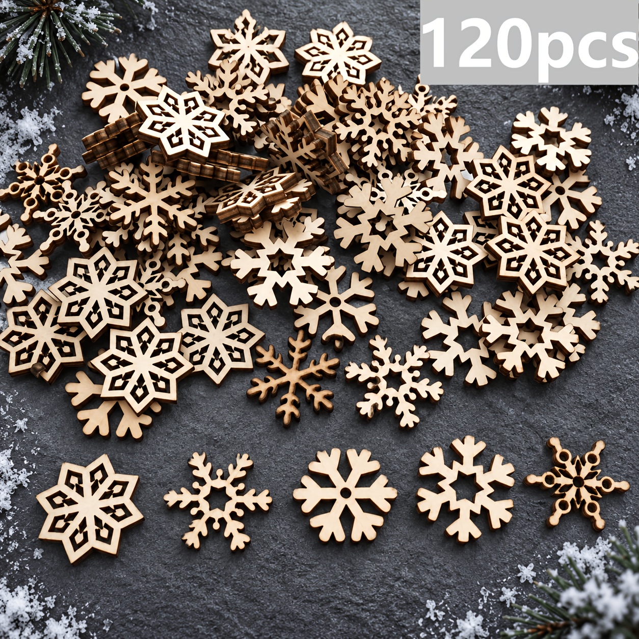 TEMU 120pcs Diy Christmas Ornaments, Mixed Wooden Snowflake Wood Slices, Wooden Christmas Tree Hanging Decorations Suitable For Holiday, Wedding, And