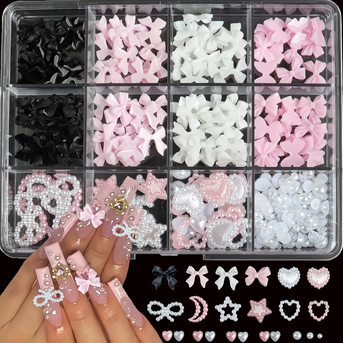 

1 Set 3d Nail Art Charms And Flatback Pearl Kit, Bow Decorations + Star, Heart, Moon Cute Nail Embellishments + White Nail Beads For Diy Manicure Decor, Unscented