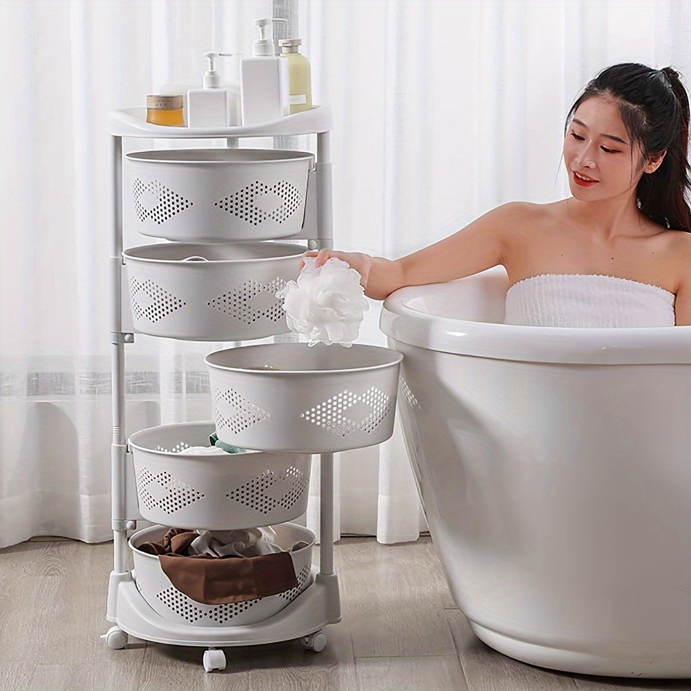 Estante de almacenamiento giratorio redondo de cinco niveles para cocina, carrito de almacenamiento rodante para frutas y verduras, apto para cocina, sala de estar, dormitorio, cuarto de baño, color blanco, detalles 6