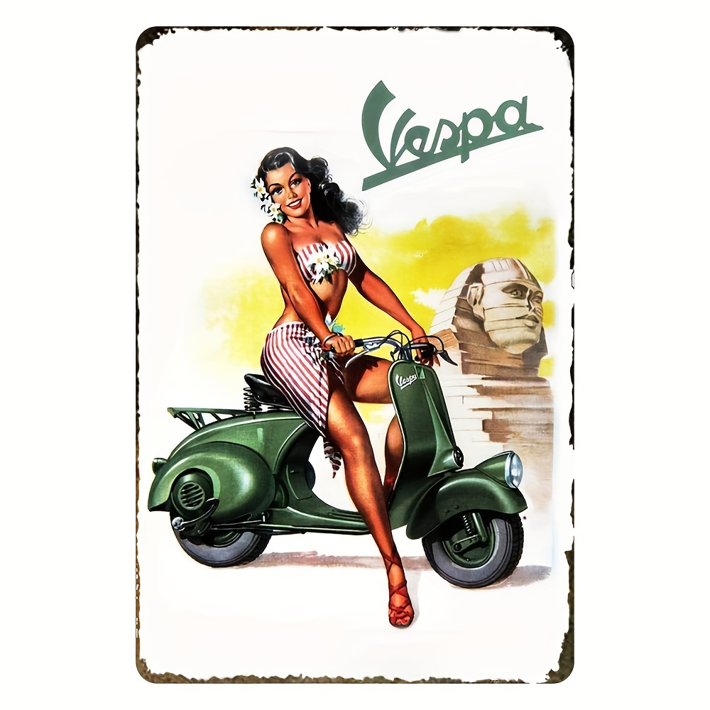 

chic Retro" Vintage Pinup Girl & Retro Scooter Metal Tin Sign - Perfect For Home, Kitchen, Garden, Bedroom, Farmhouse, Pubs, Bathroom Decor