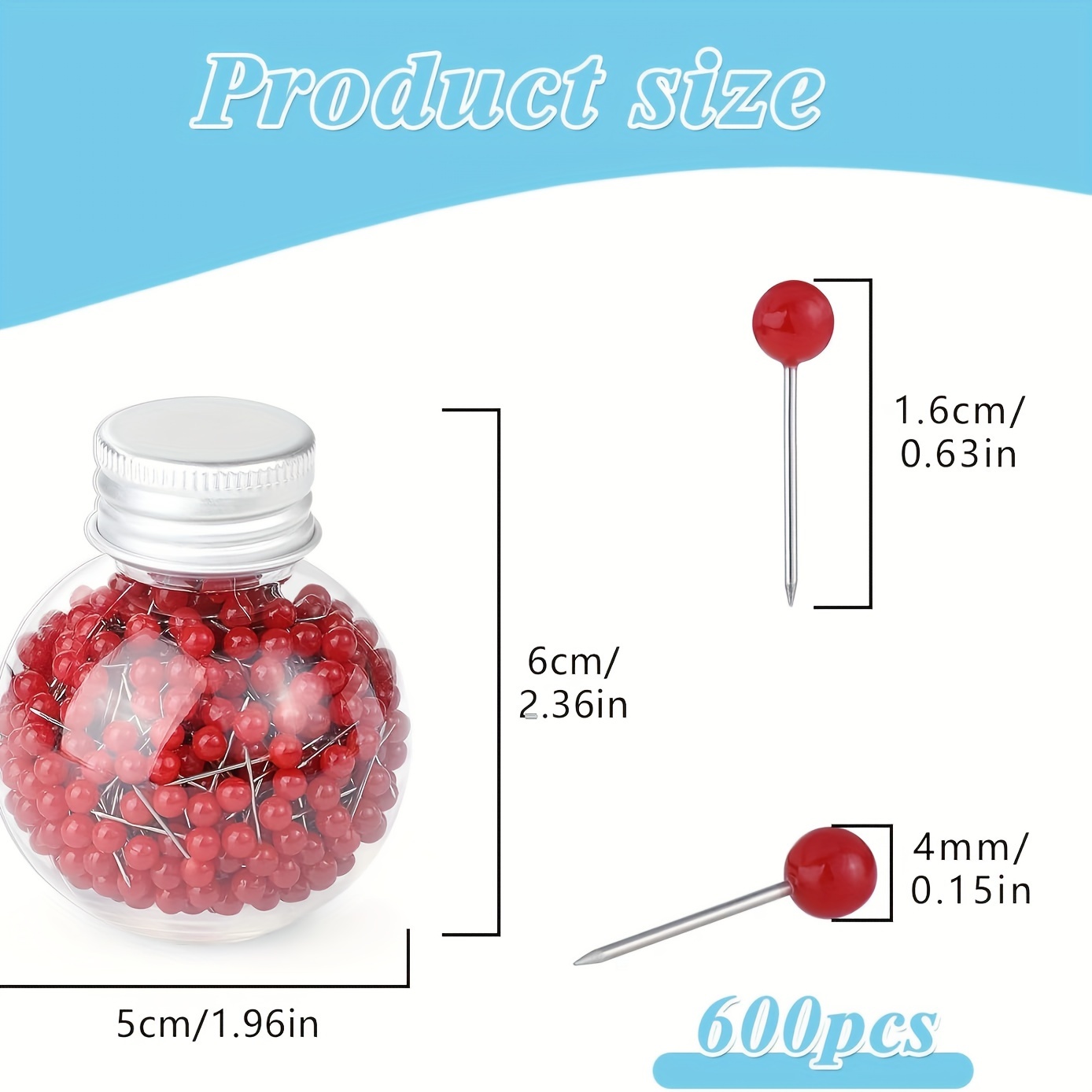 E-shop 600 Stück Rote Nähnadeln mit 4mm Kugelkopf - 0.63" Gerade Quilt- & Schneidernadeln für Stoff, Dekorationsprojekte