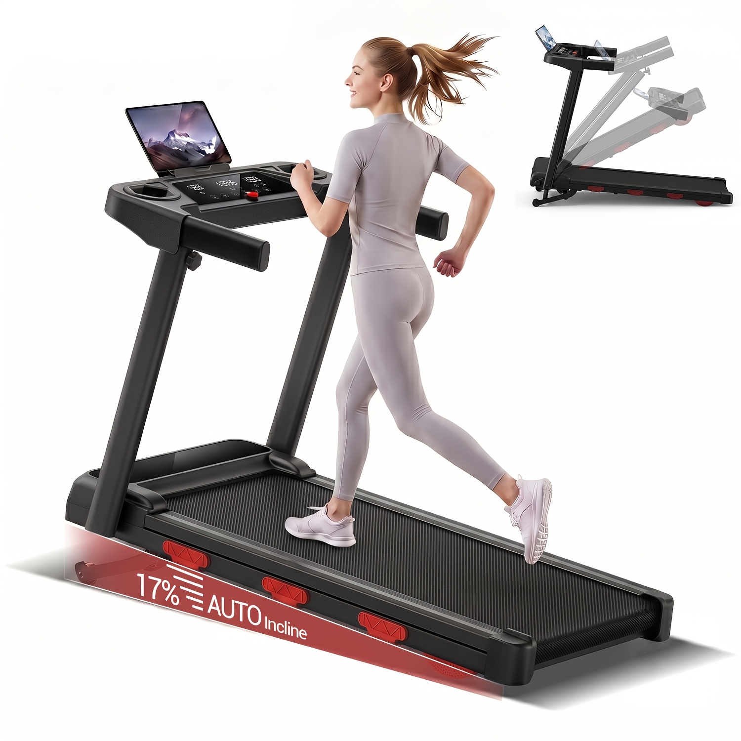 Image of 17% Auto Incline Folding Treadmill For Home, 3.0hp Quiet Motor, 350 Lbs Capacity, 7.5 Mph Speed, Portable Walking Pad, Without Battery