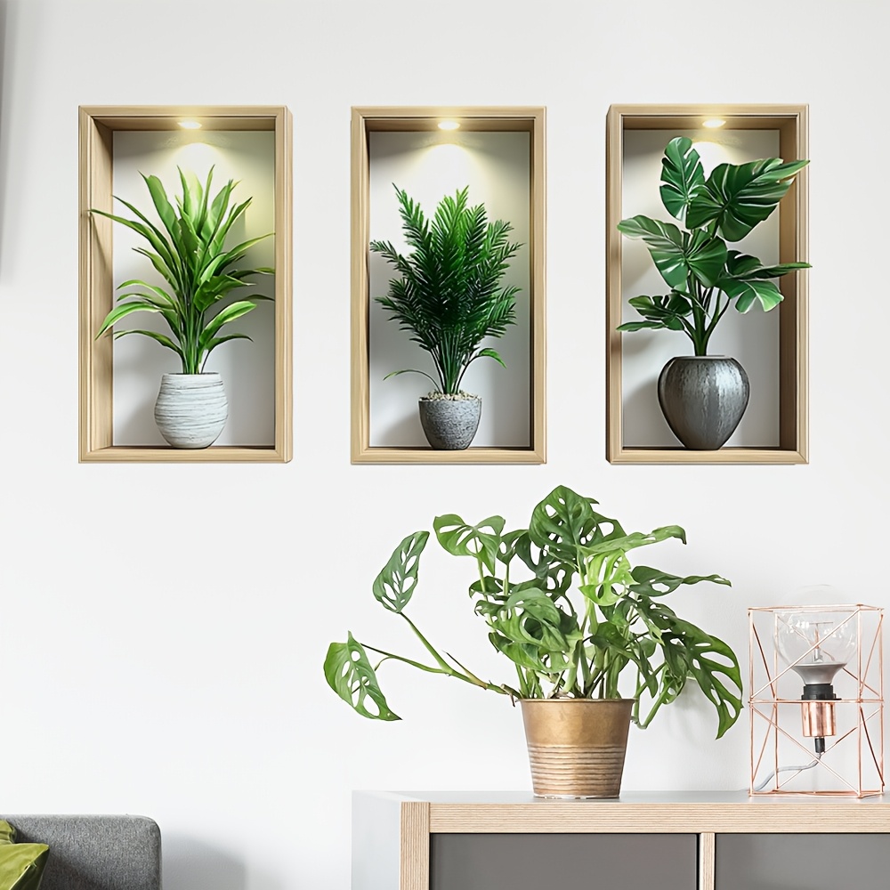 Image of Creative Simulation Green Plant Potted Three-panel Wall Sticker For Entrance Hall, Living Room, Room Decoration, Self-adhesive Wall Sticker