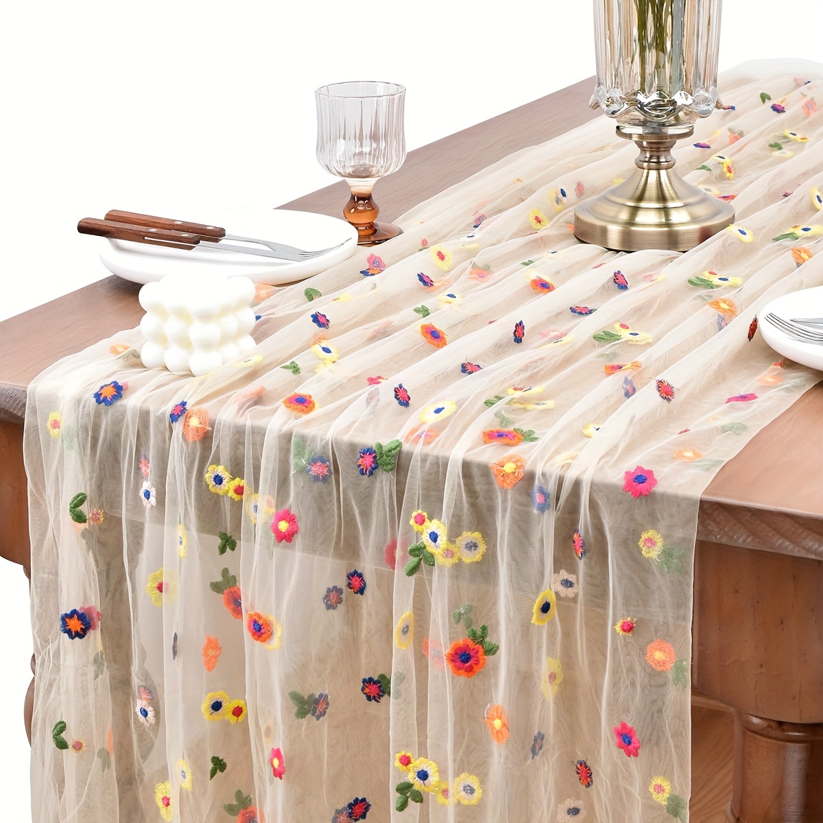1pc Floral Table Cover, Embroidery Daisy Seasonal Table Decorations, Tulle Fabric For Home Decoration, Bridal Shower Wedding, Parties Decoration, Diy Craft, Halloween And Christmas