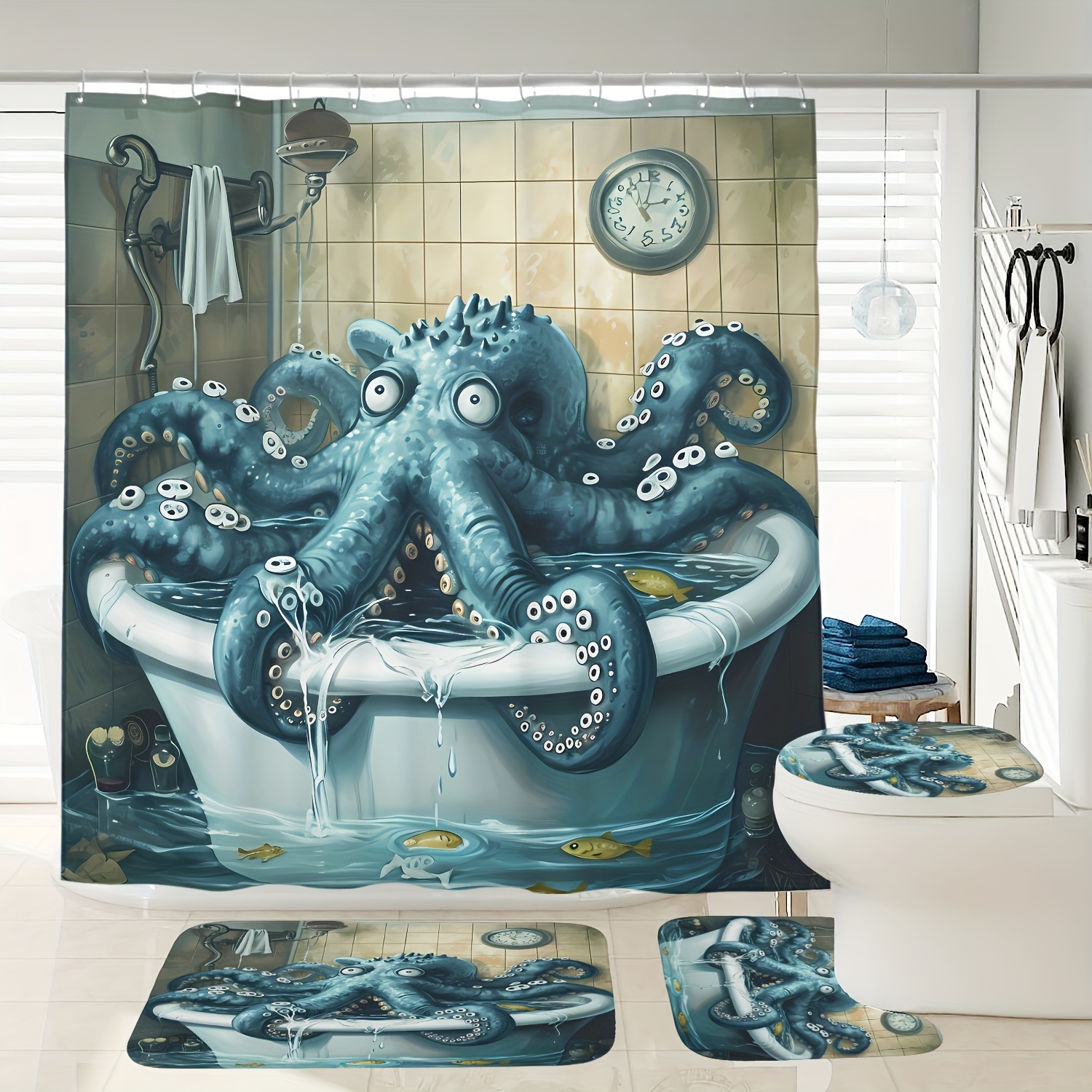 

1/4pcs Nautical Theme Octopus Bathroom Set, Digital Print Waterproof Shower Curtain With 12 Hooks, Non-slip Toilet Mat, U-shaped Contour Rug & Bath Mat, Ocean Animal Decor