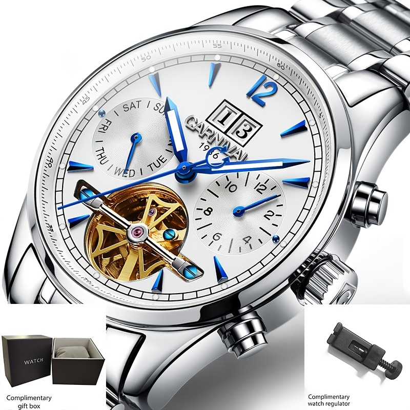 Image of [i&w Carnival] Luxury Men' Mechanical Watch - Stainless Steel, Waterproof (30m), Multi-functional With Date Display, Blue Dial & Transparent Back, Gift For Him, Luxury Men's Watch | | Watch