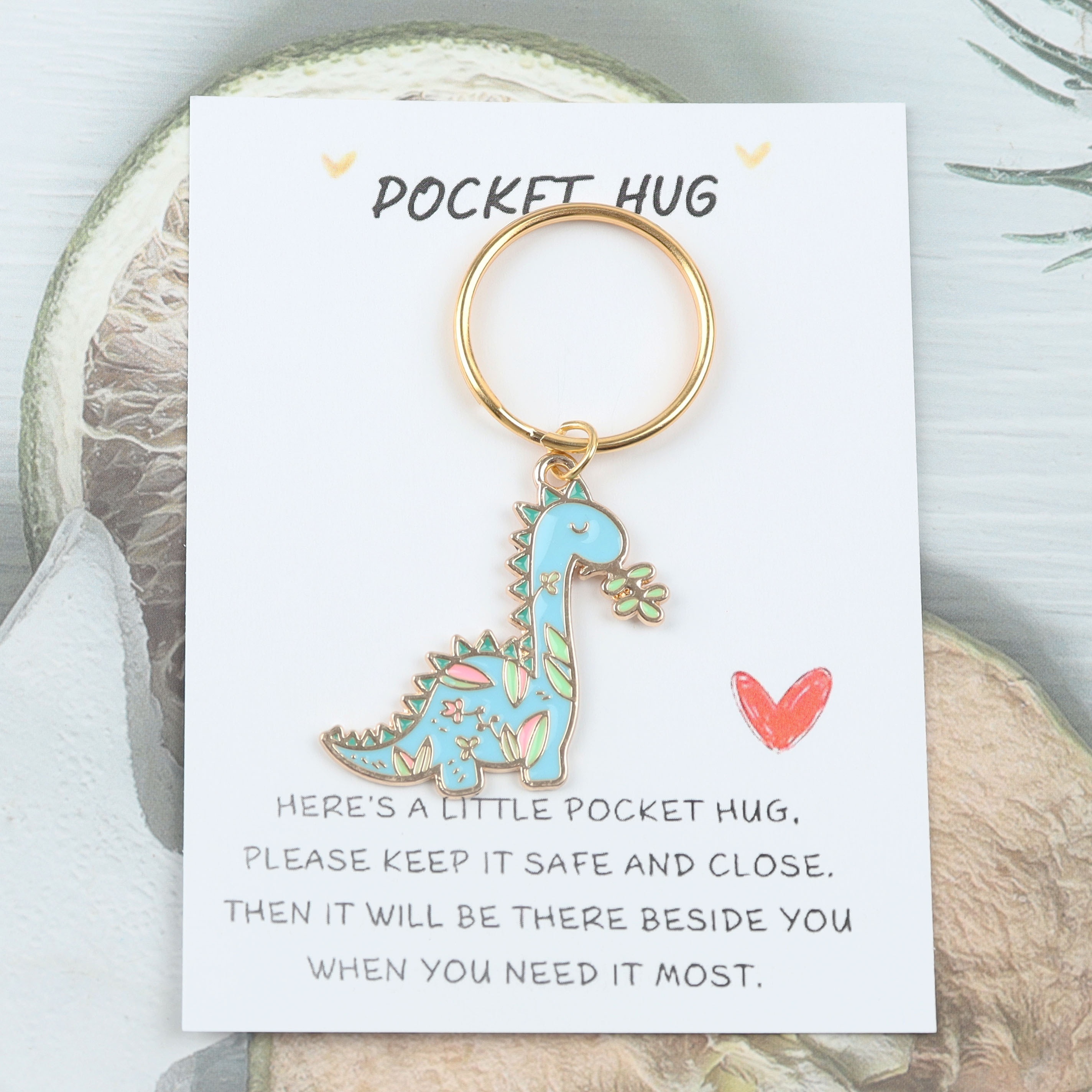 1pc Red Heart Hug Card Aperture Grazing Drip Oil Dinosaur Keychain Yellow Dinosaur Keychain