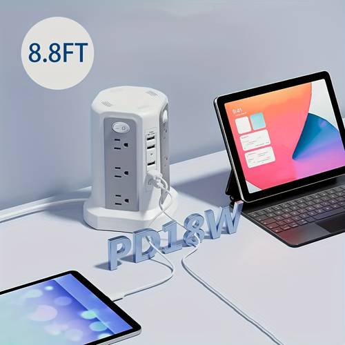 Level 4 Upgraded New Product Flat Plug 16 AC Outlets Power Strip Tower with USB/USB C Port, Surge Protector Power Tower with 5 USB Charging Ports, Extension Cord Desktop Power Strip