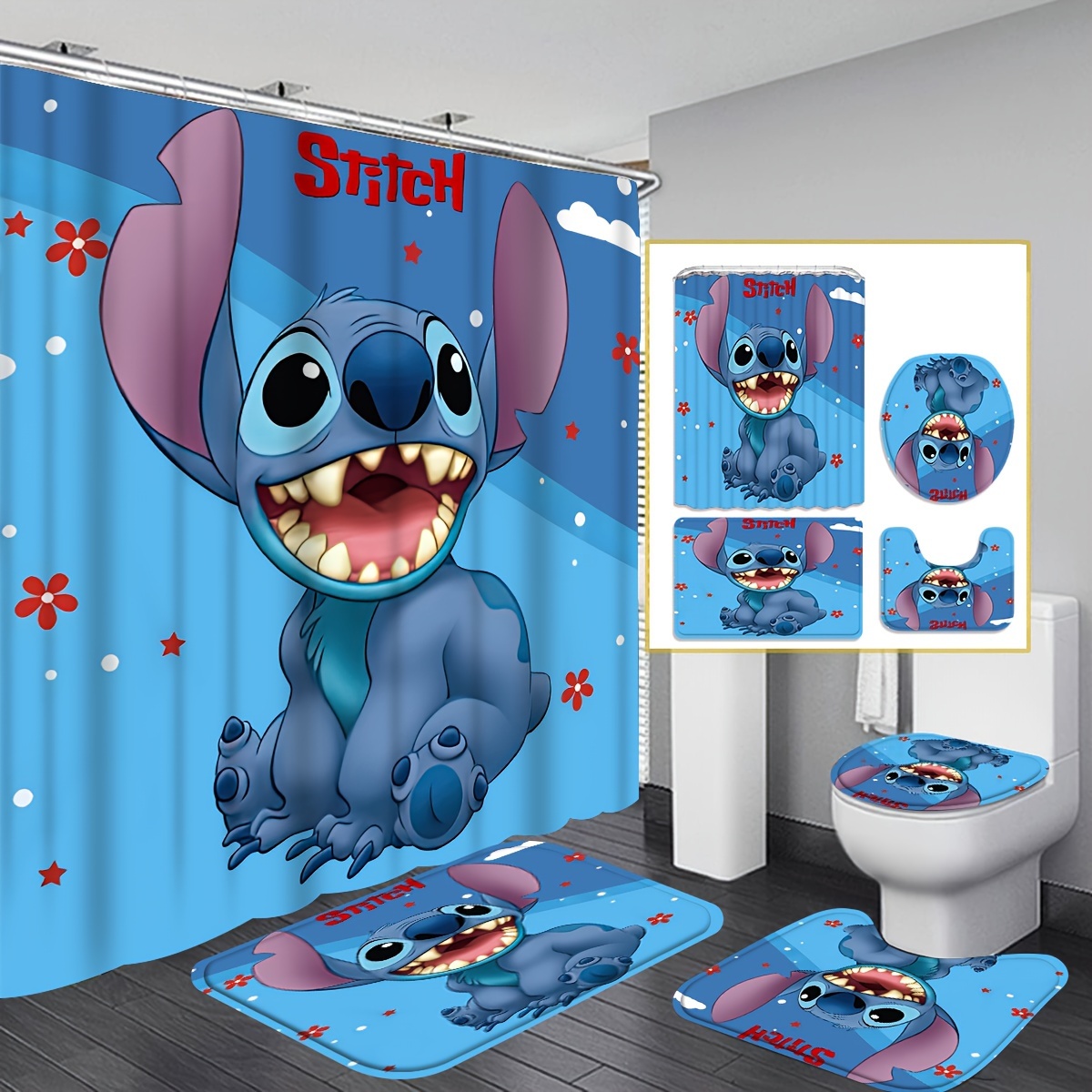

Disney Stitch 4-piece Shower Curtain Set - Waterproof, Includes 12 Hooks & Non-slip Bath Mats, U-shaped Toilet Mat - Perfect For Bathroom Decor