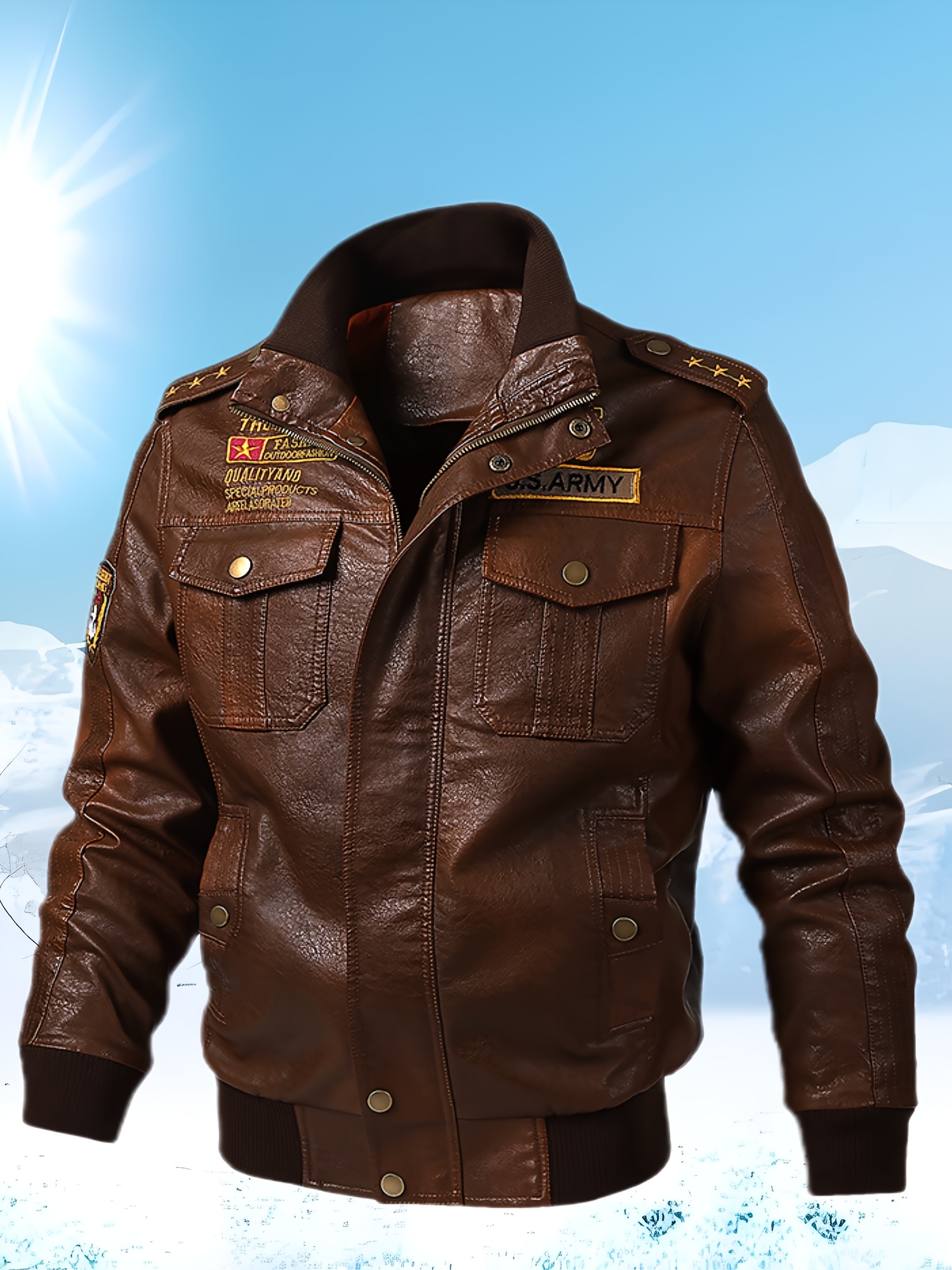 herren pu lederjacke stehkragen militär patches – relaxed Temu