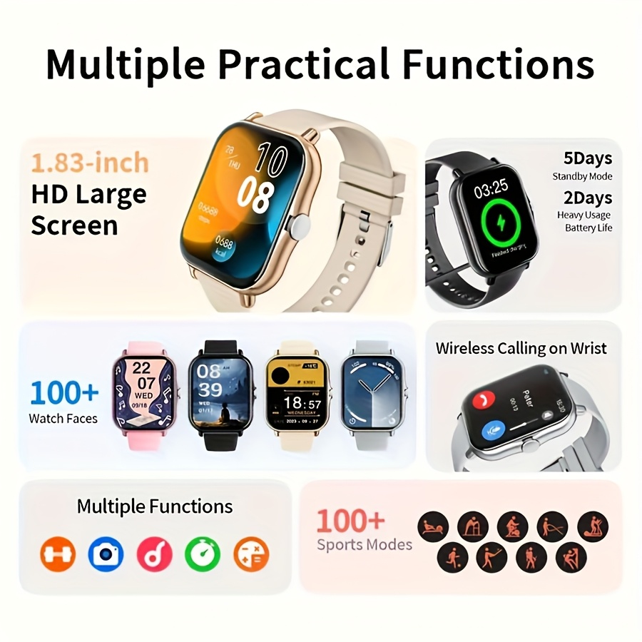 Montre Connectée Homme et Femme 1.83 pouces | Montre Connectée Sport avec en Silicone Confortable, Multiples Modes Sportifs, Motif de Cadran Interchangeable, Suivi de Fitness, Rappel d'Informations, Rappel de Sedentarité, Rappel d'Alarme, Chronomètre, Appel