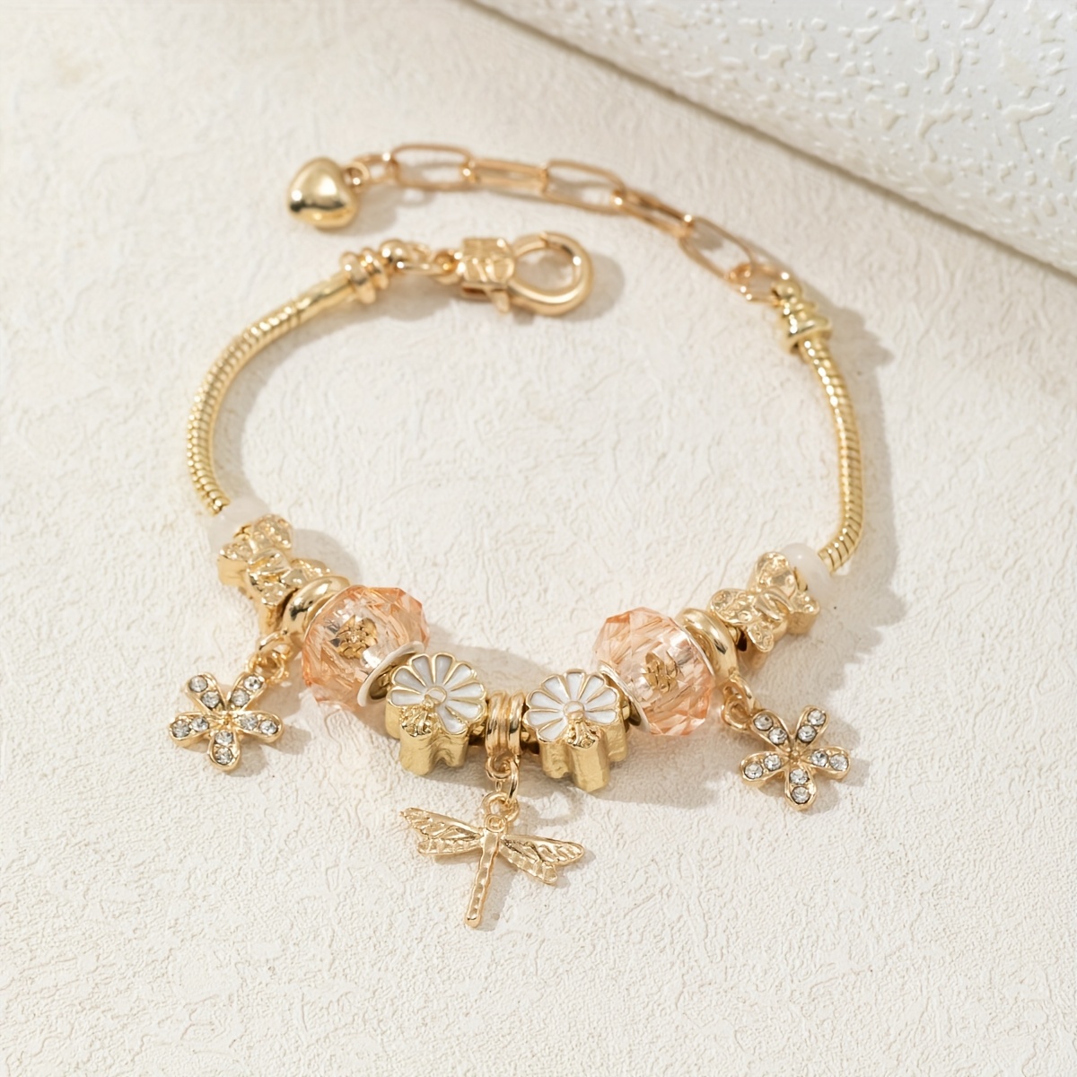 Women's Stylish Beaded Bracelet with Dragonfly and Flower Additions