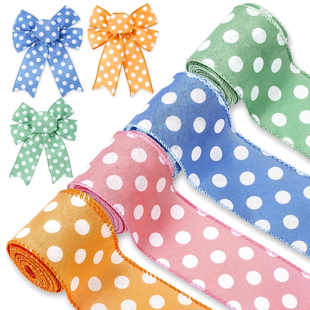 

4 Rolls Polka Dot Wired Fabric Ribbon Set, 20 Yards Total, For Diy Crafts, Gift Wrapping, Wreath Bows, Wall - No Electricity, Featherless, For Easter & Spring Holidays