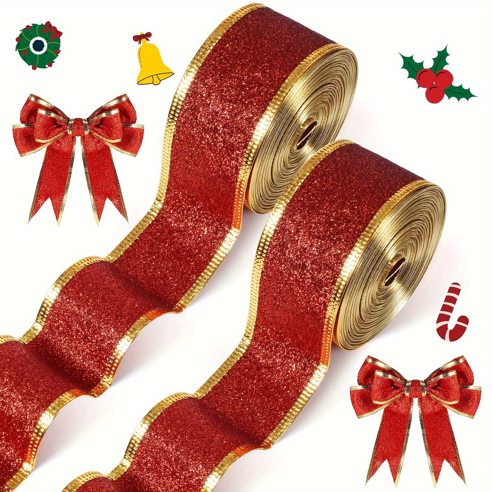 

2pcs Red Wired Edge Christmas Ribbon, 1.5" Wide X - & For Holiday Decor, Tree Wrapping, Gift Packaging, Floral Arrangements & Bows