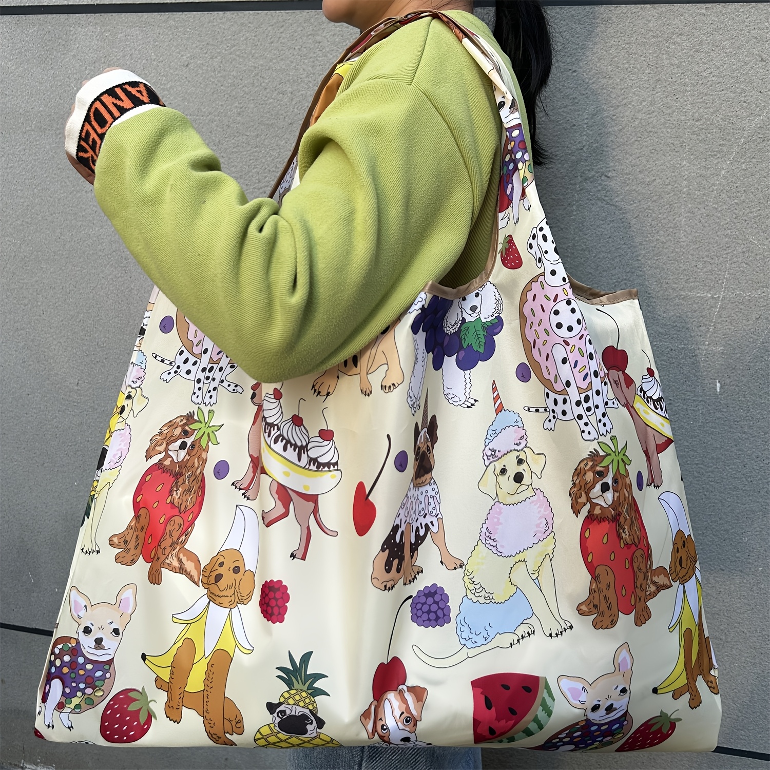 Bolsa de compras grande plegable con diseño de perro de dibujos animados de frutas, bolsa de supermercado de nailon resistente, bolsa de mano, bolsa de hombro para mujer, bolsa de mano adecuada para viajes y camping